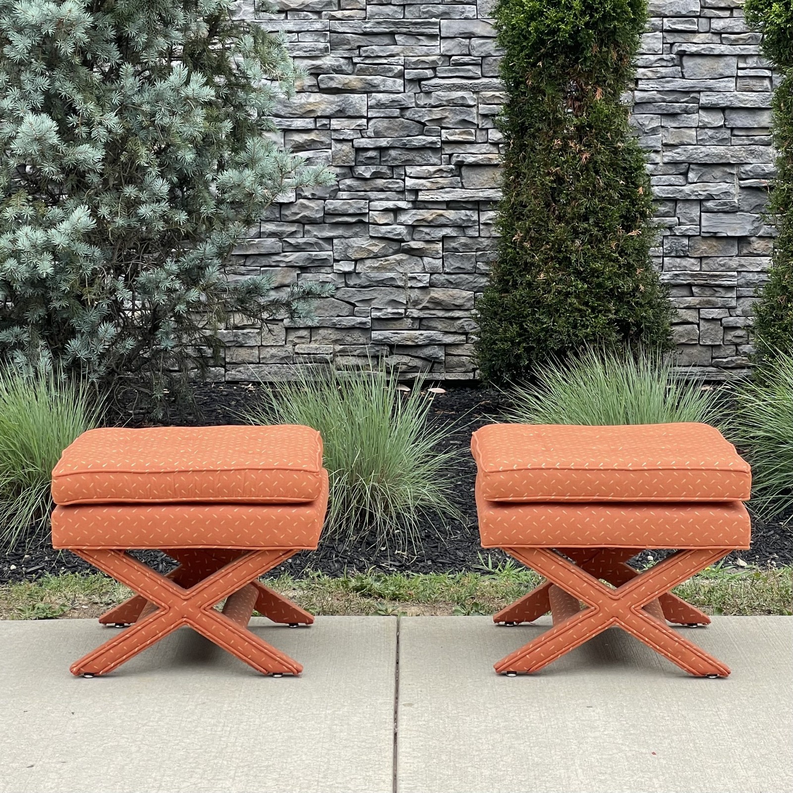 Vintage Pair X-Base Billy Baldwin Style Coral Upholstered Bench Stools Ottomans