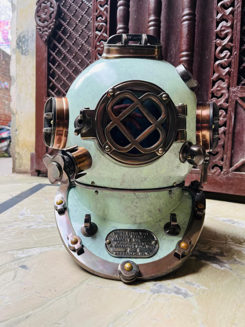 18” Antique Green Patina U.S. Navy Mark V Diving Helmet – Vintage Nautical Mari
