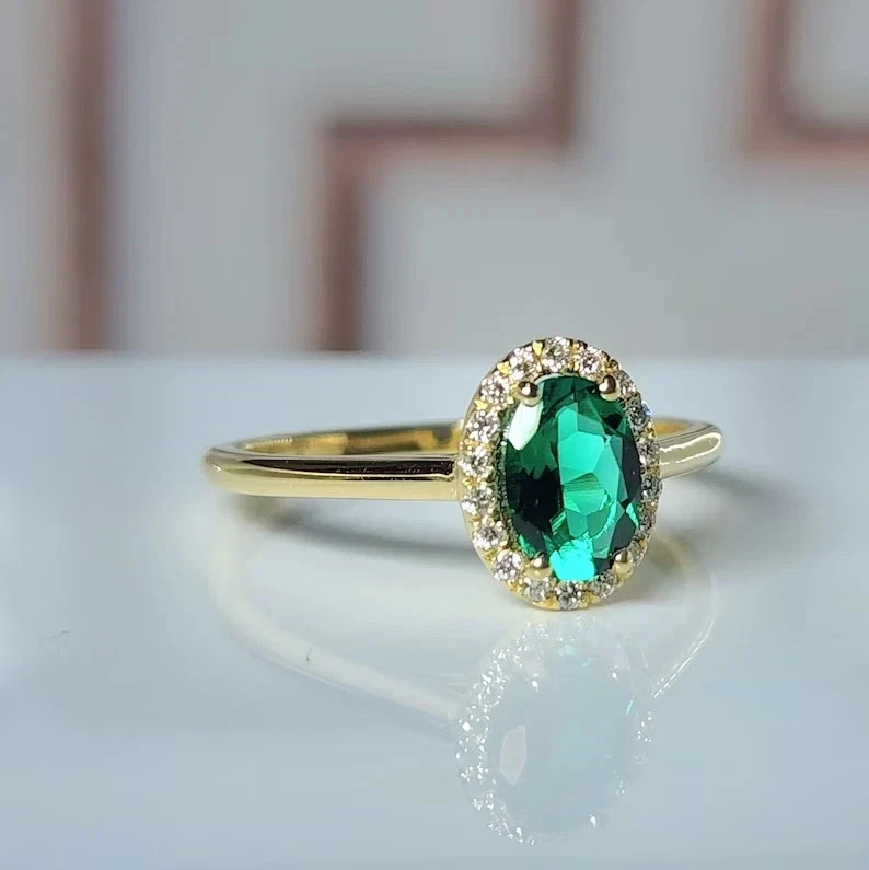 14K Yellow Gold Plated 2Ct Oval Cut Lab Created Green Emerald Halo Wedding Ring