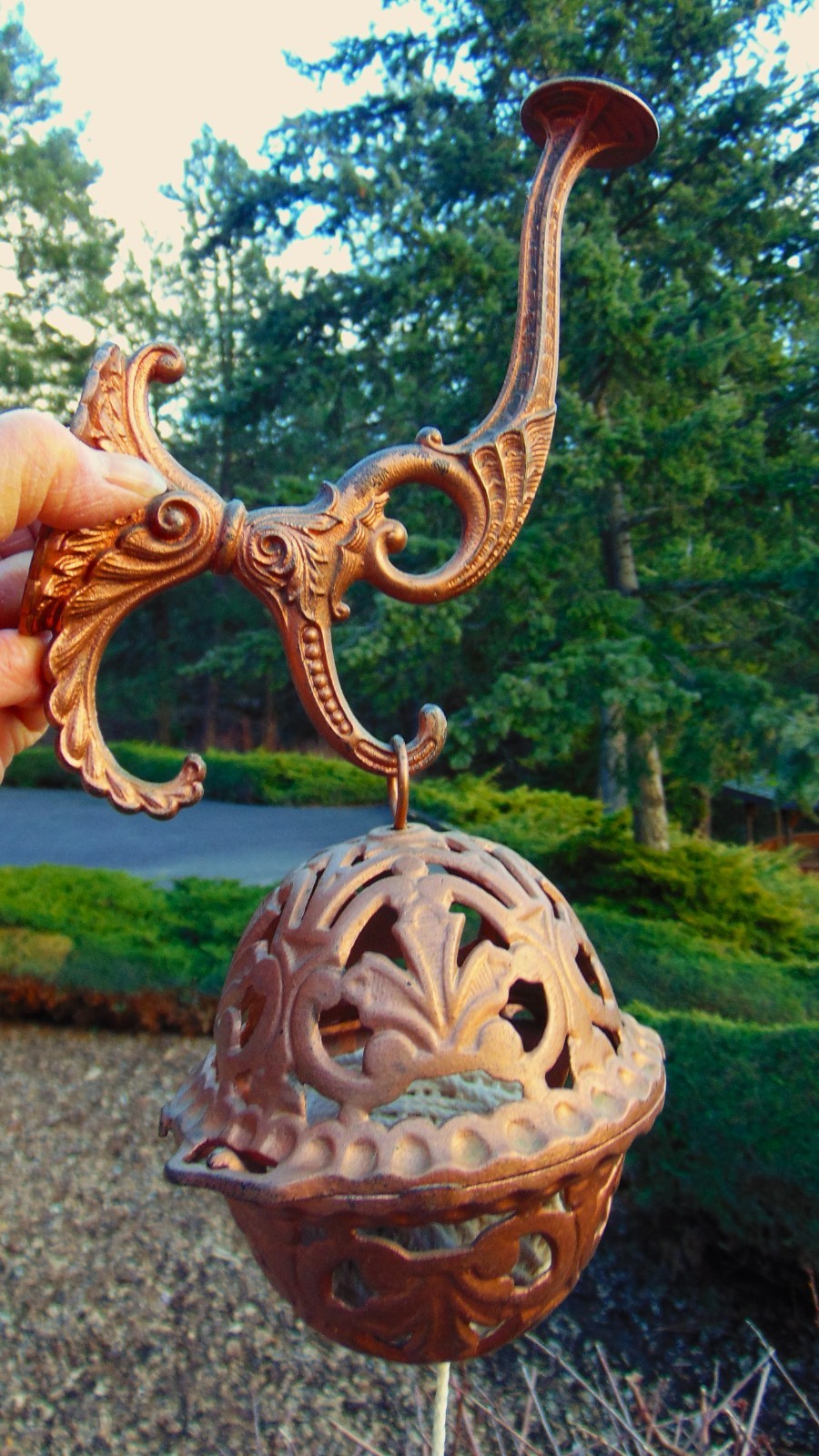 ANTIQUE RARE CAST IRON ORNATE HANGING BALL STRING HOLDER DISPENSER~ 12 1/2″ HIGH