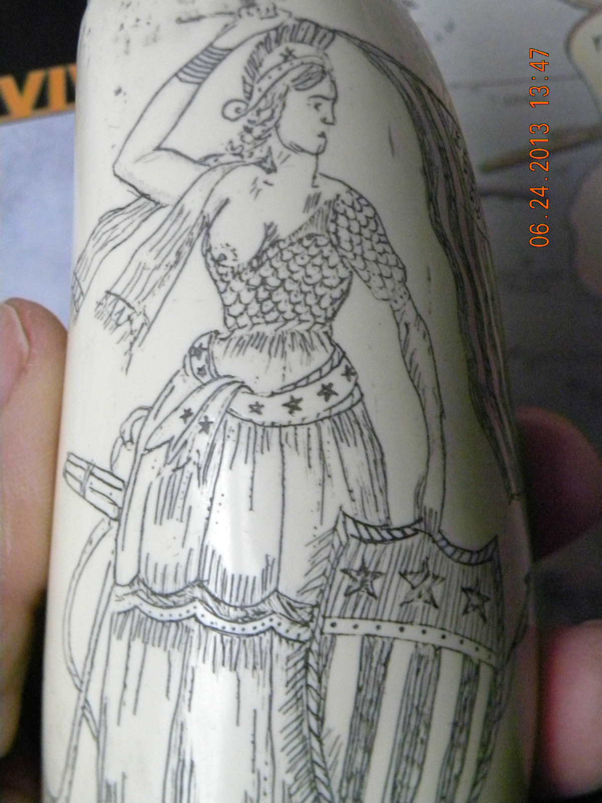 Scrimshaw SPERM WHALE tooth resin REPRODUCTION “LADY LIBERTY” 6&3/4 “