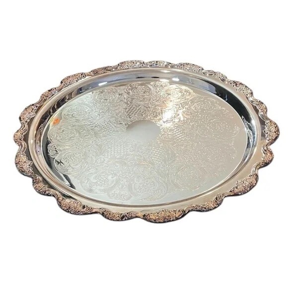 Vintage Victorian Etched Floral Rim Towle Silver Plated Tray With Round Scroll