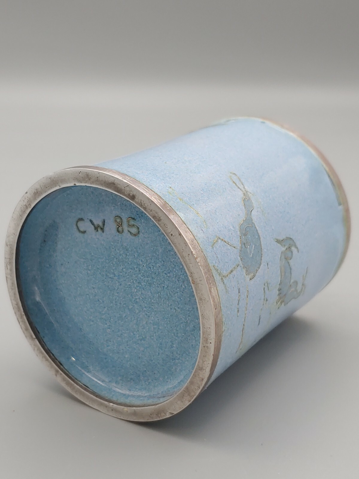 银胎天蓝釉镶鹭雁笔筒 Chinese Silver Sky Blue Enamel Inlaid Egret Wild Goose Flower Pen Pot