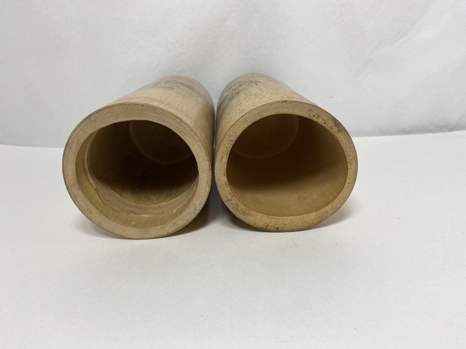 Solid Bamboo Pen Brush Holder Pot Chinese Flower Blossoms Village Engraved