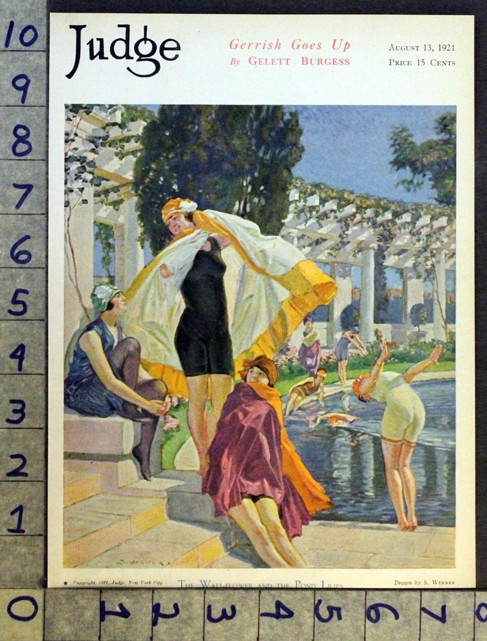 1921 S WERNER SWIMSUIT POOL SPORT WOMAN POND LILLIES JUDGE ARTIST COVER FC2345