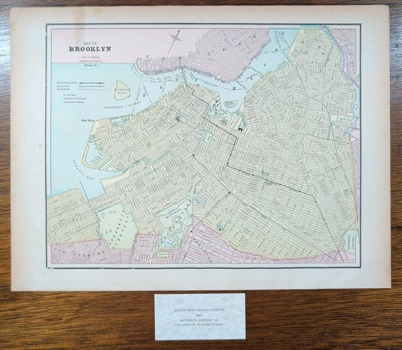 Vintage 1891 BROOKLYN NEW YORK Map 14″x11″ ~ Old Antique Original RED HOOK