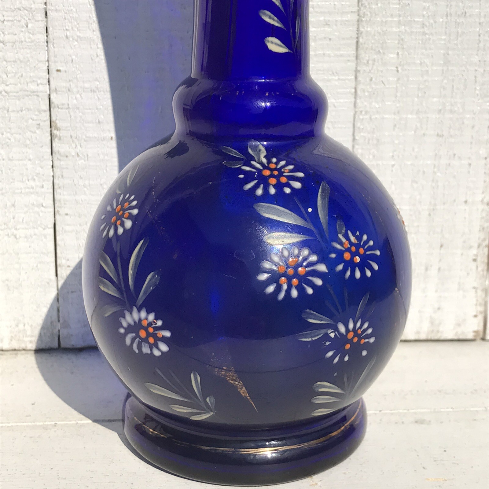 Antq Victorian Cobalt Blue Blown Glass Bulb Vase Hand Painted Gold Vtg Floral