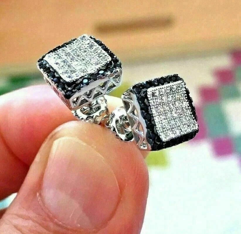 2Ct Round Lab Created Black Diamond Stud Cluster Earrings 14k White Gold Plated