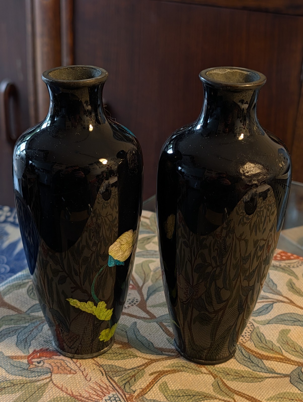 Pair Meiji Ginbari Cloisonné Floral Vases On High Gloss Black Restored