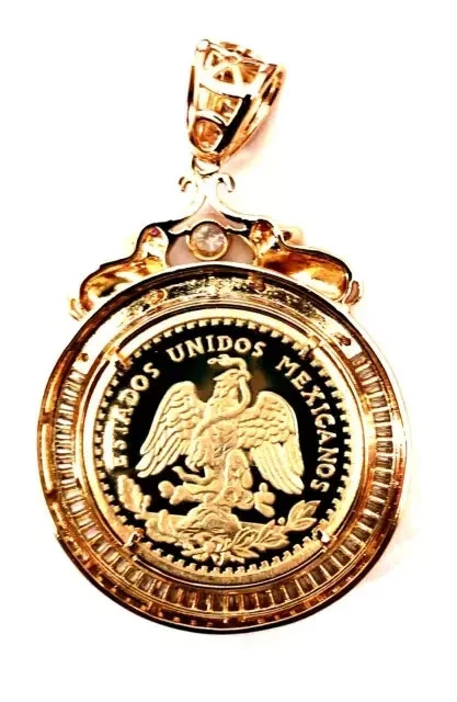 14K Yellow Gold Solid Sterling Silver Mexican Centenario Coin 50 Pesos Pendant