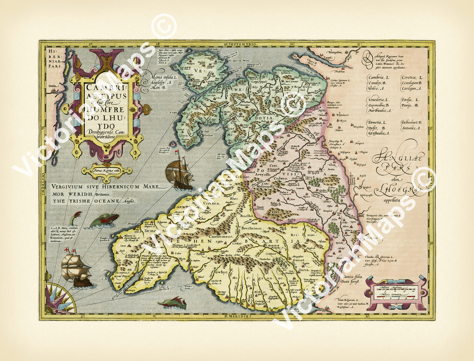 Antique old map of Wales Cambriae Typus Mercator, Hondius 1606 art print poster