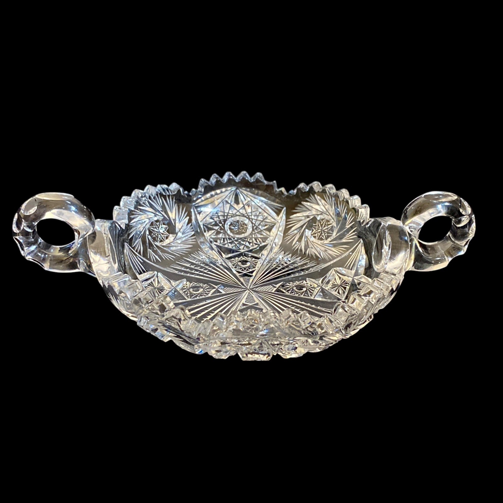 American Brilliant Period Double Handled Trinket Dish Cut Glass Antique READ