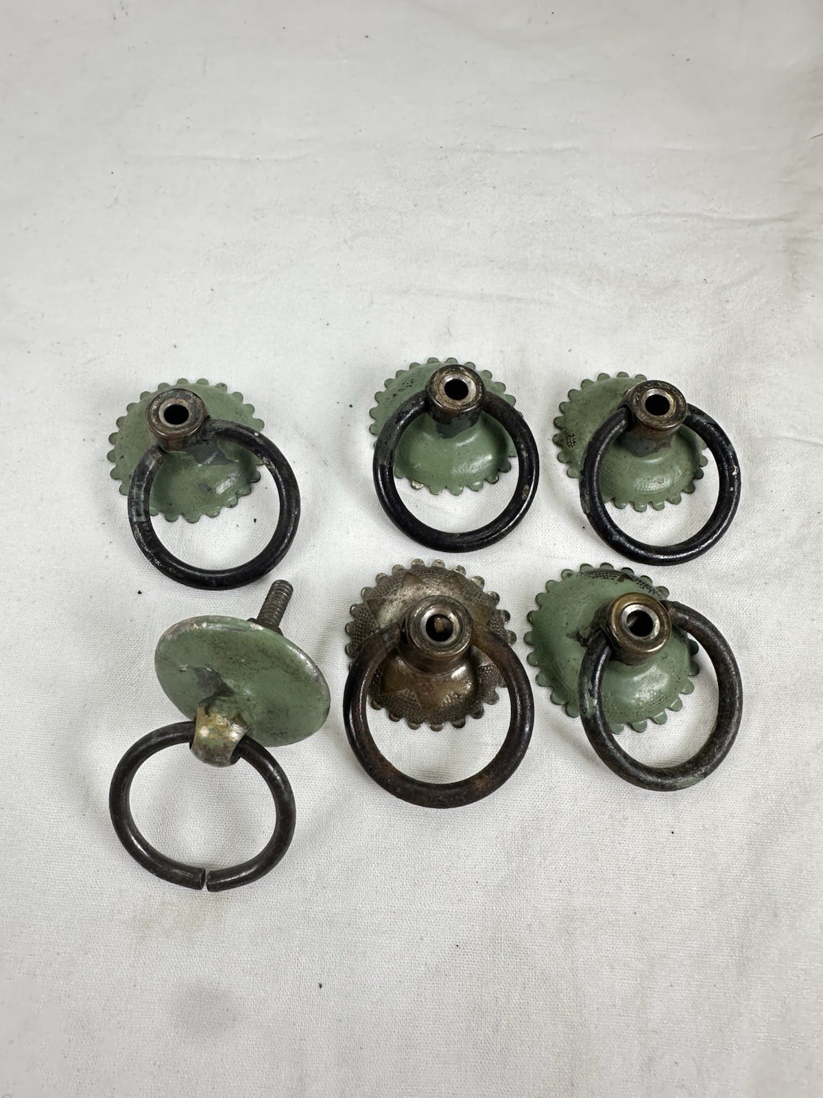 Antique Brass Scalloped Ring Pulls – Green Patina Furniture Hardware (6 pc)