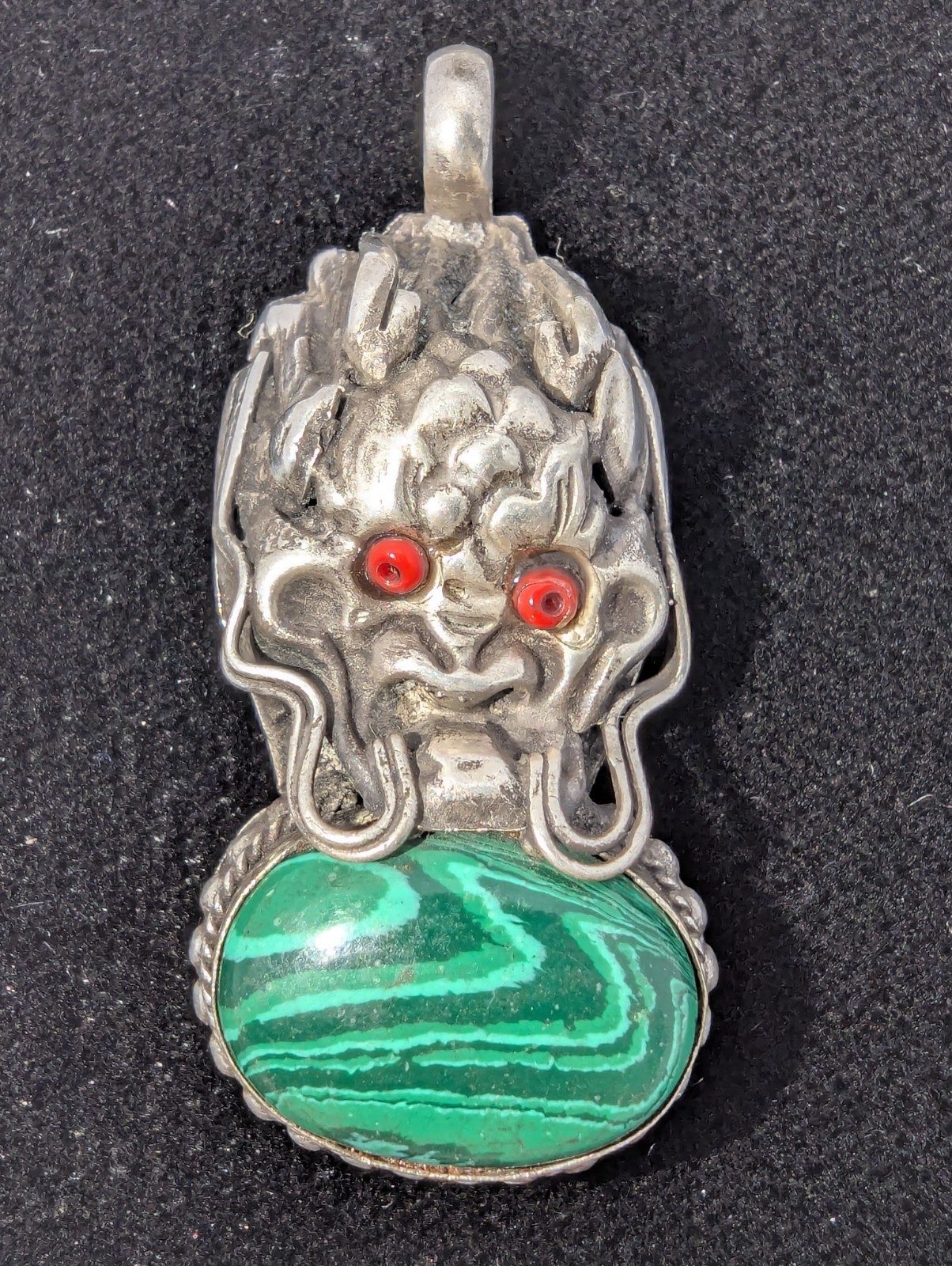 Vintage Tibetan Dragon Head Pendant With Malachite Stone. Silver Tone. 1.78″