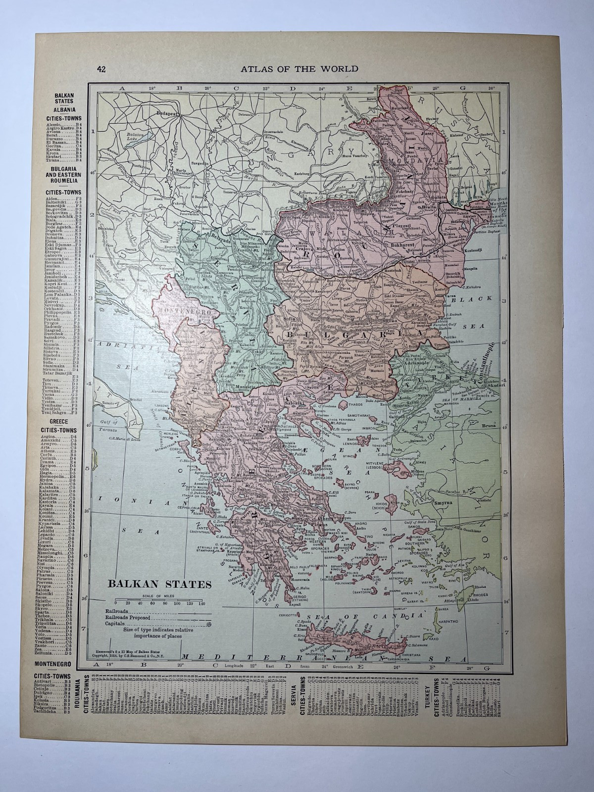 1914 Map of GREECE and the BALKAN STATES fm 1915 New Reference Atlas SEE DESCRIP