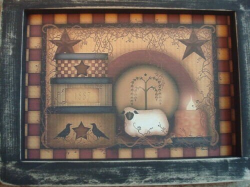 Primitive Country Print *3-Stacked Boxes with Sheep* black frame 12″ x 9 1/2″