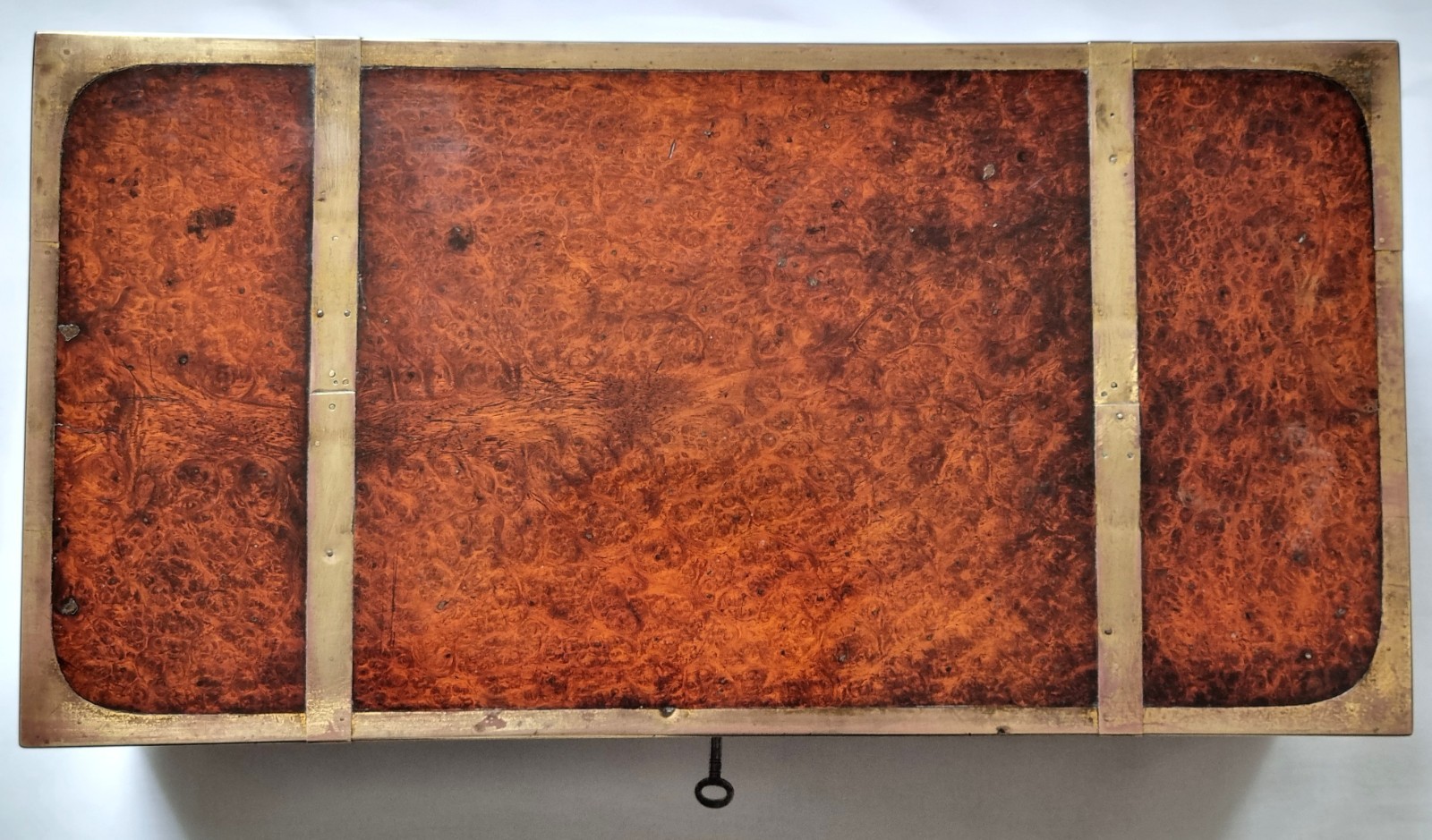 GEORGIAN BRASS BOUND BURR WALNUT CAMPAIGN WRITING SLOPE 3 SECRET DRAWERS + KEY