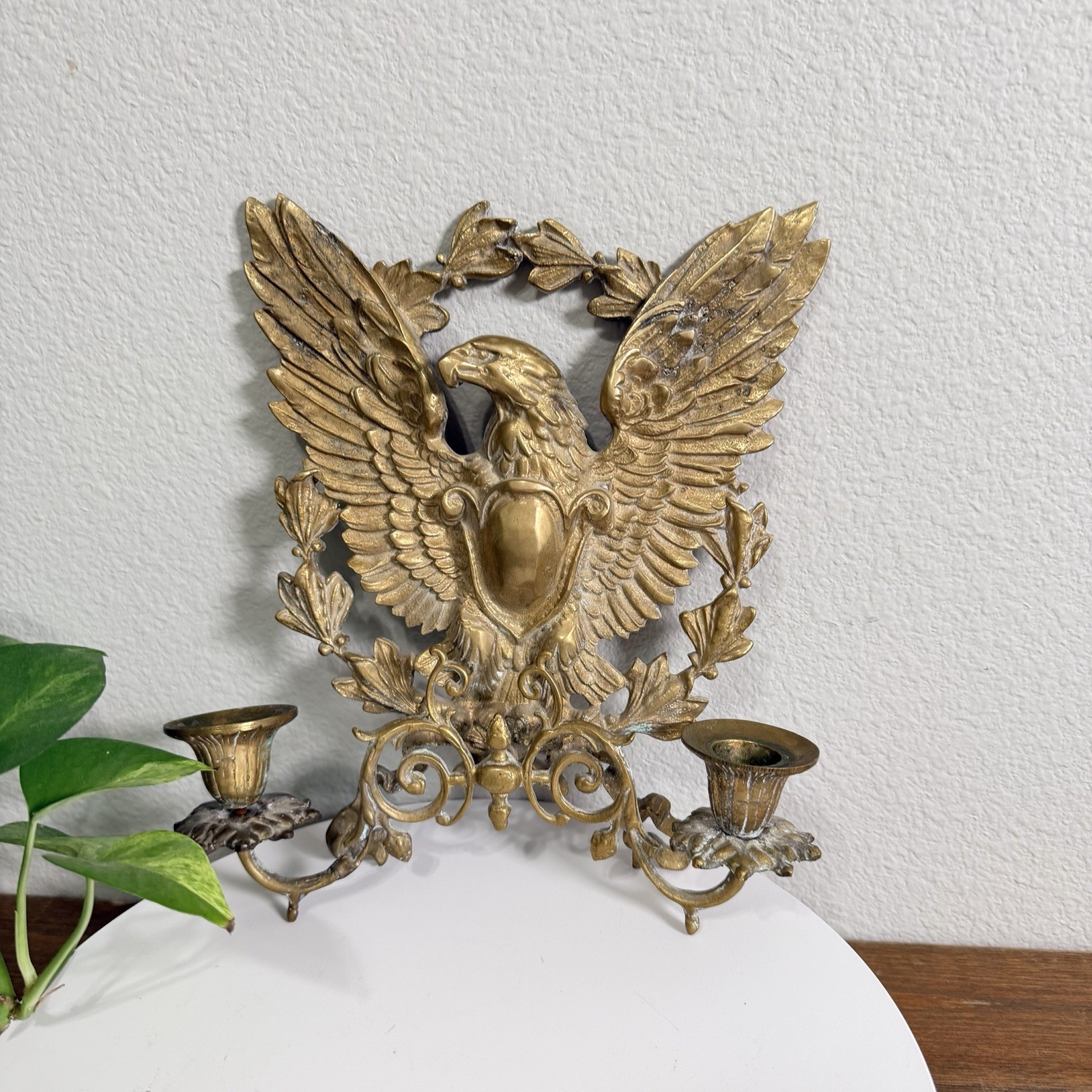 Vintage Brass American Eagle Wall Sconce, Double Candlestick Holder,