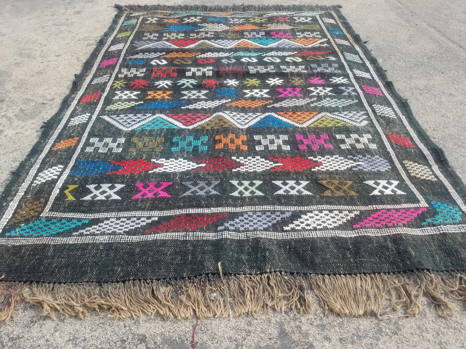 Vintage Traditional Handmade Moroccan Wool Black Kilim 4.7×3.2ft