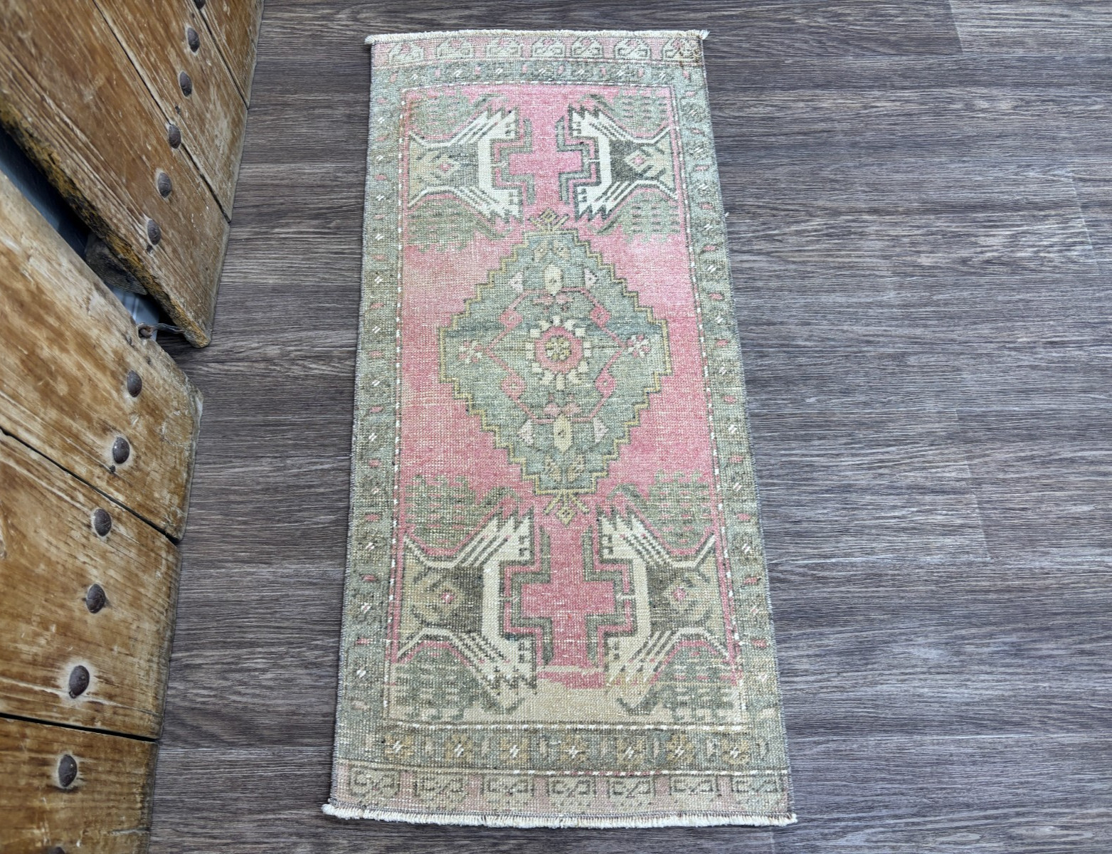2×4 Pink Green Vintage Turkish Door mat Rug, Hand-Knotted Wool Small Area Rug