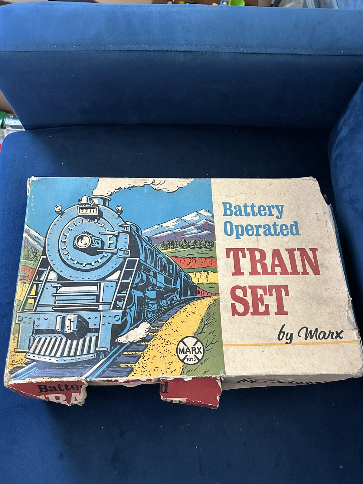 Battery Operated Train Set by Marks Engine and tin litho Cars tracks