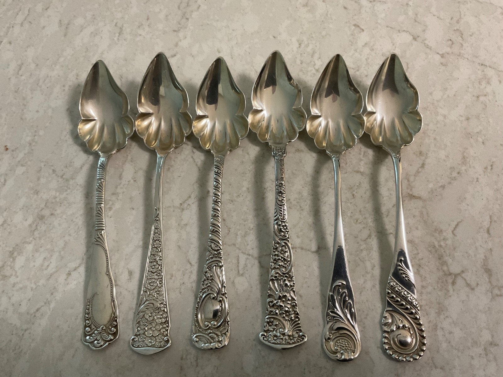 6 Antique Sterling Silver Nut Bonbon Spoons Frank W Smith c.1885 – Mixed Pattern