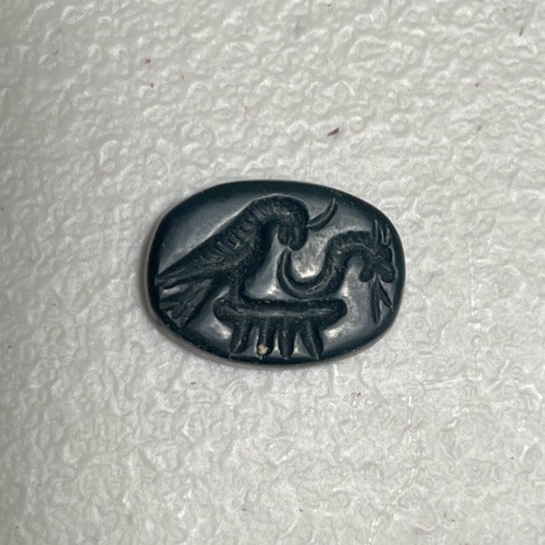Antique Near East Stone Seal Safety Amulet 3/4” Dark Green Bird & Worm QAr