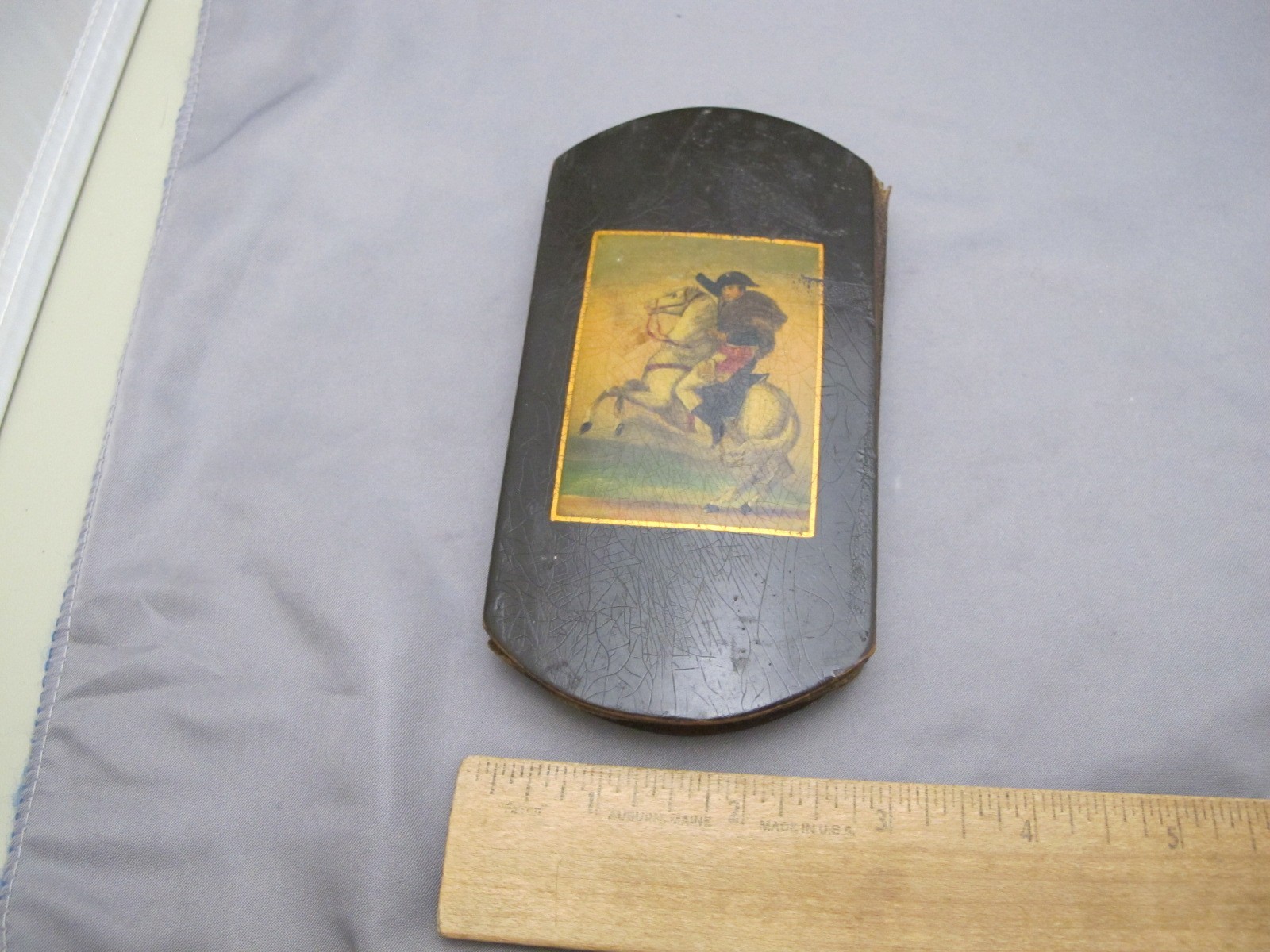 ANTIQUE 19th C STEEL SPECTACLES w/LEATHER SLIDE CASE-Painted NAPOLEON Top