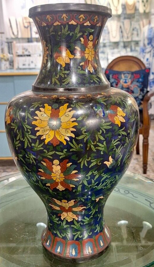 Vintage Chinese Cloisonne Floral Vase-Rare Find!- 16”H