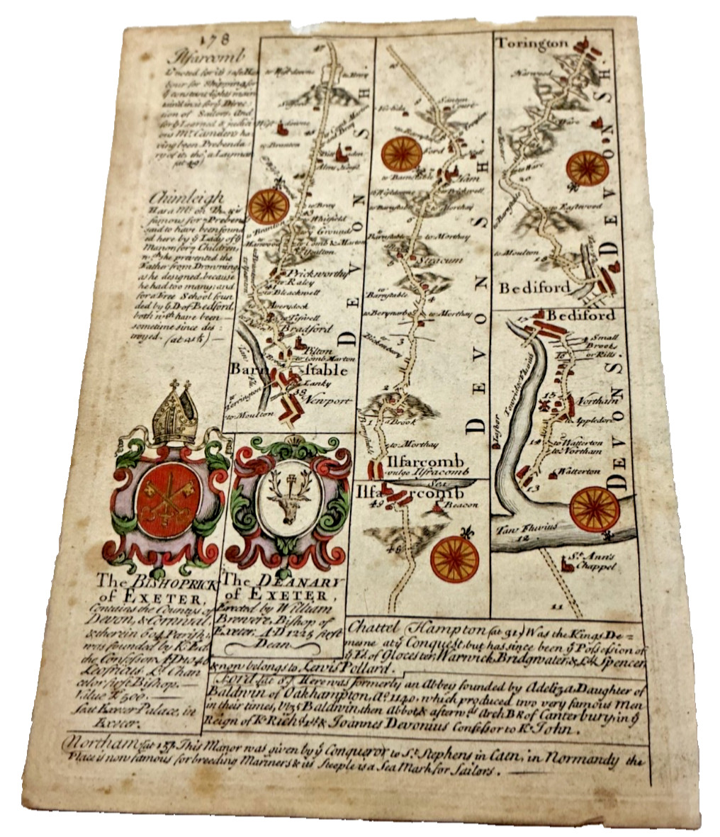 1675 John Ogilby Britannia Original Devon Route Maps Exeter Barnstable Bideford