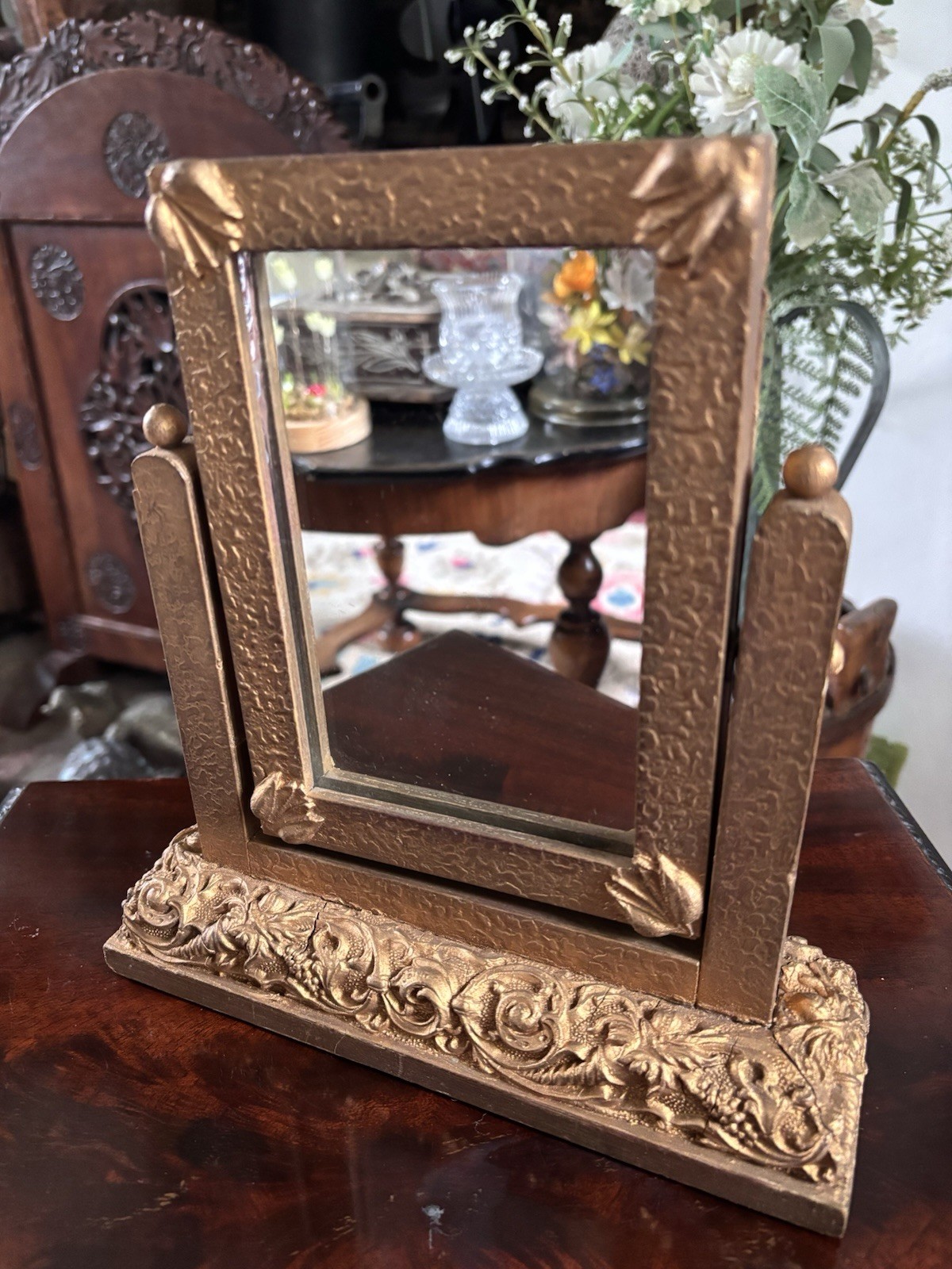 Antique Gold Gesso Photo Frame Mirror • Ornate Wooden Tabletop Vanity c1900/1920