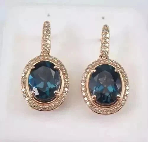3Ct Oval Lab-Created 14K Rose Gold Finish London Blue Topaz Drop-Dangle Earrings