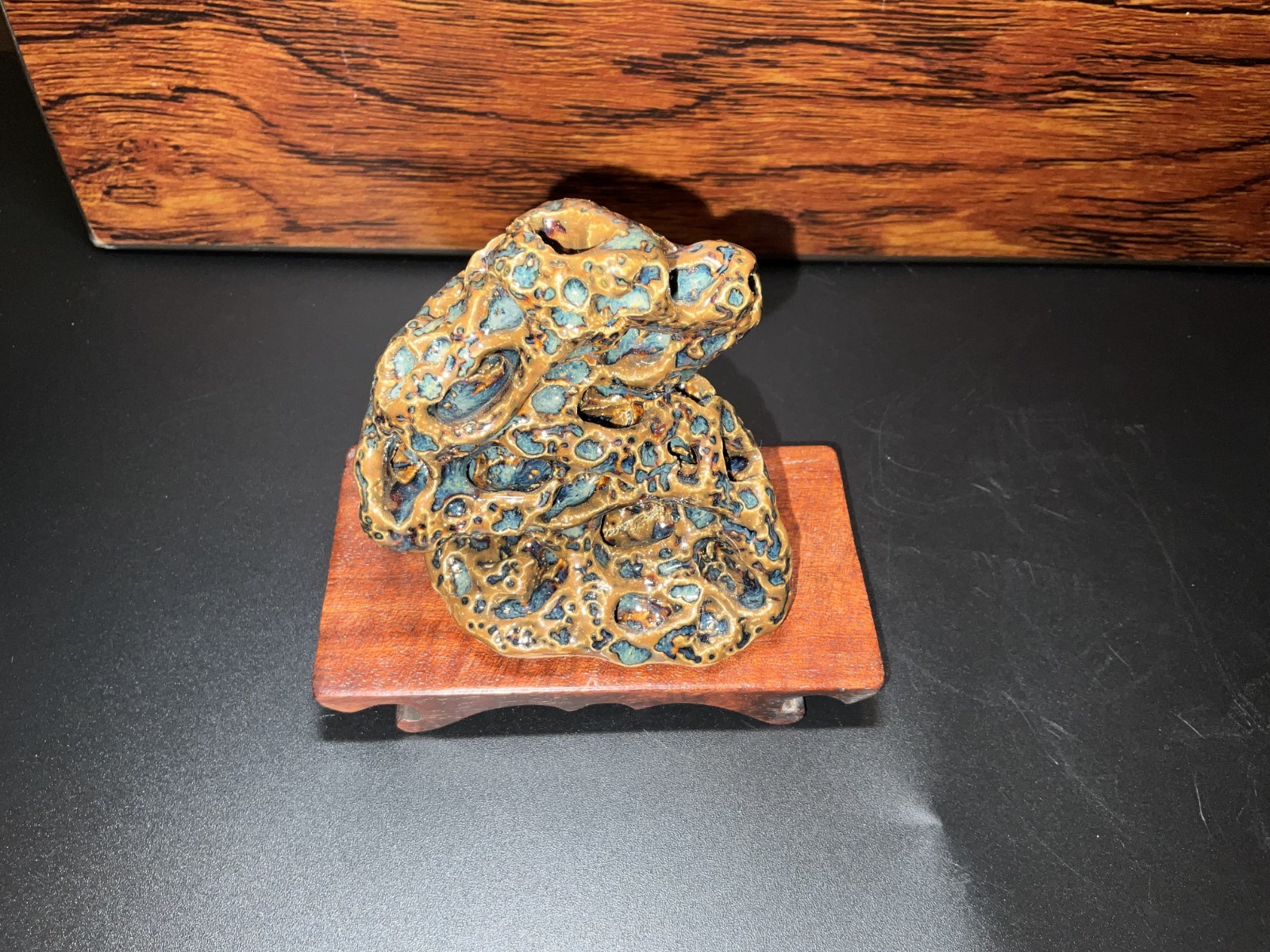 Chinese Scholar Stone Gongshi Pierced Lingbi Style Glazed Sculpture w/ Stand