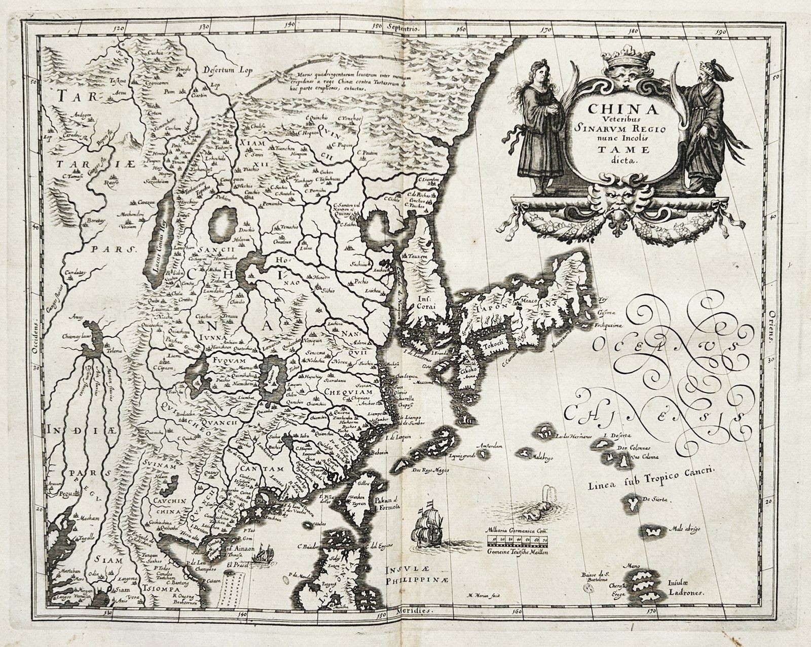 China Japan Korea Asia Map Copper Engraving by Merian 1650 Handmade