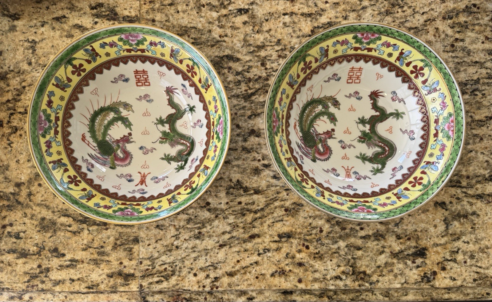 2 Jingdezhen Yellow Famille Jaune 9″ Dragon Chinese Serving Bowls 1960/70s