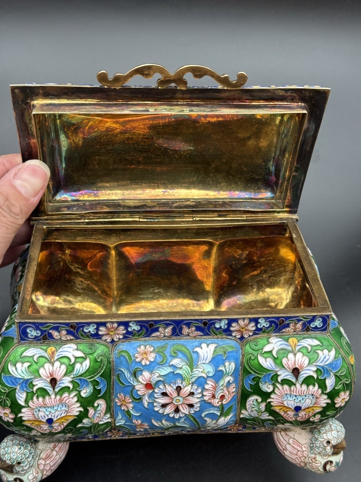 Impressive Antique Russian Silver Enamel Bird Foot Box Trinket Box