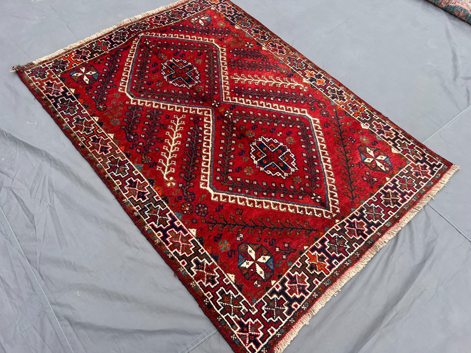 4’1×5’7ft Caucasian Tribal Double Diamond Medallion Handknotted Wool Vintage Rug
