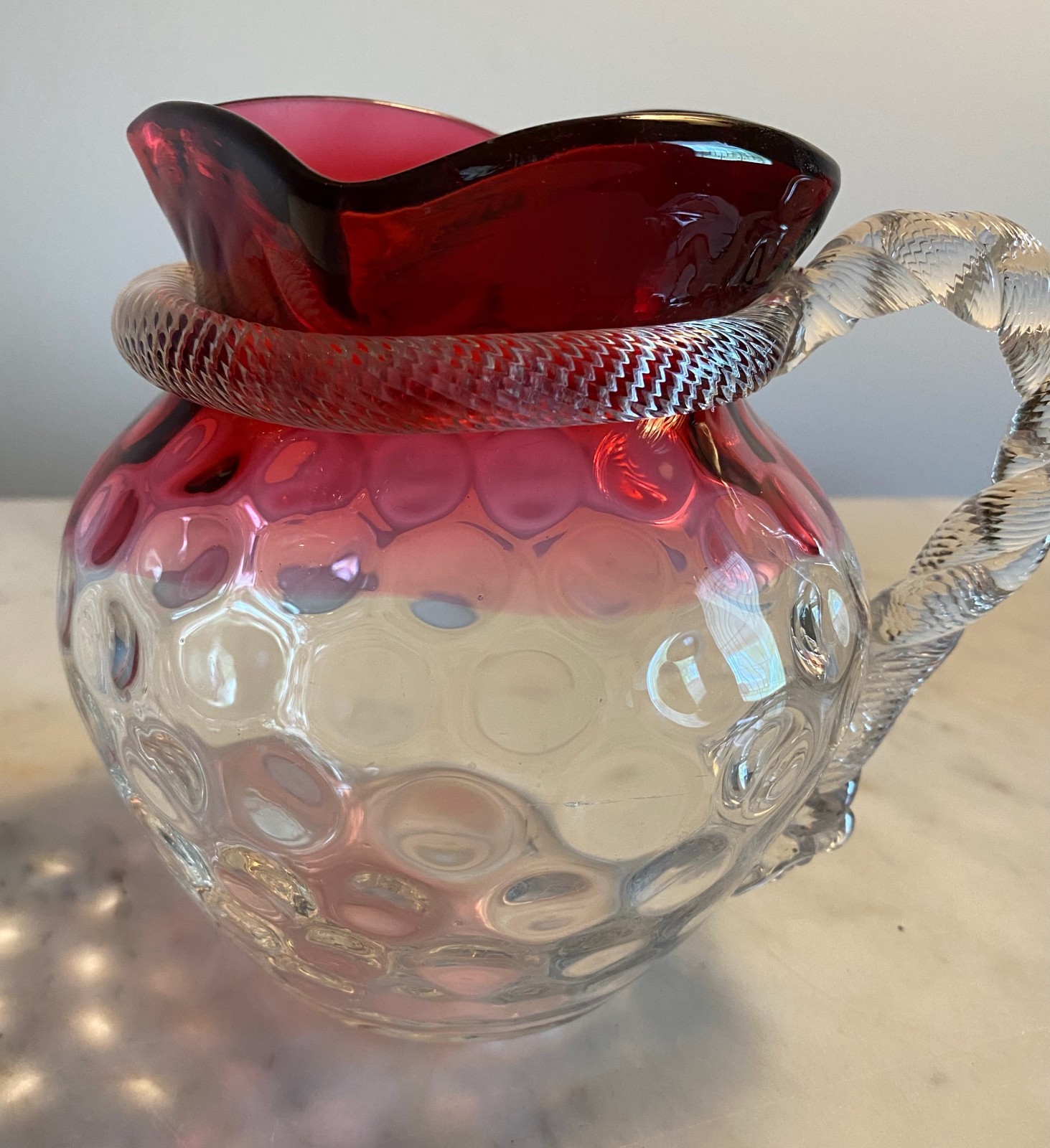 Small Antique Cranberry Coin Dot Pitcher With Twist Rope Handle c1840