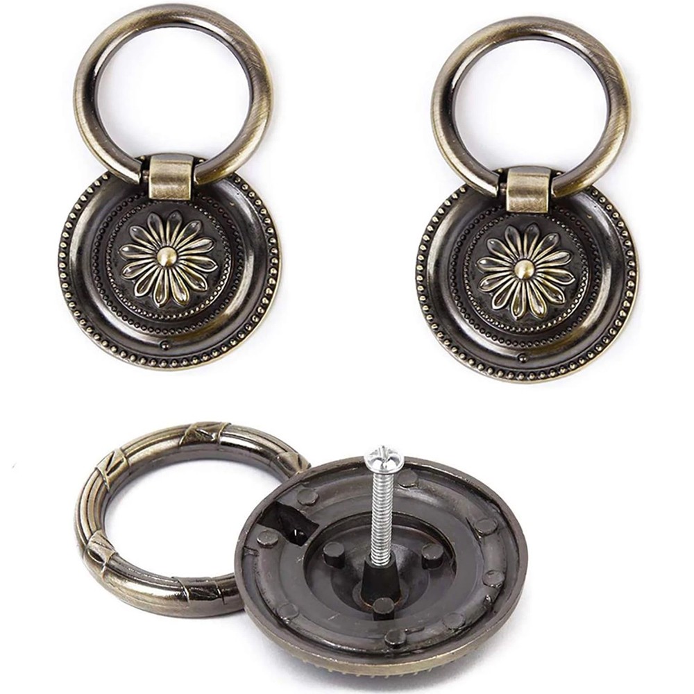 6x Antique Bronze Cabinet Knobs, Drop Ring Drawer Pulls Round Dresser Knobs Ha