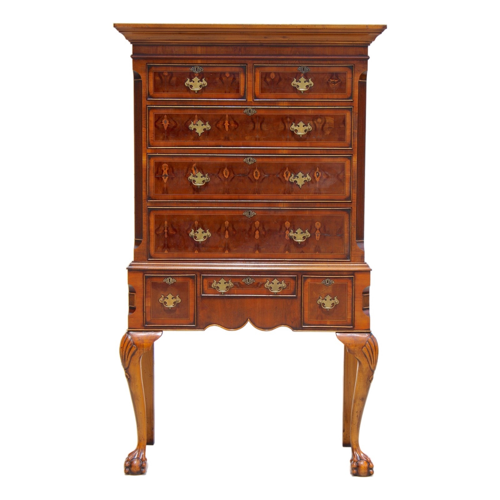 1950s Chippendale Revival Mahogany Highboy Chest on Stand with Satinwood Inlay