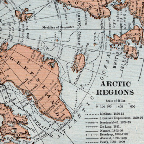 Arctic Regions Antique Map 1921 North Pole Polar Exploration Routes Map