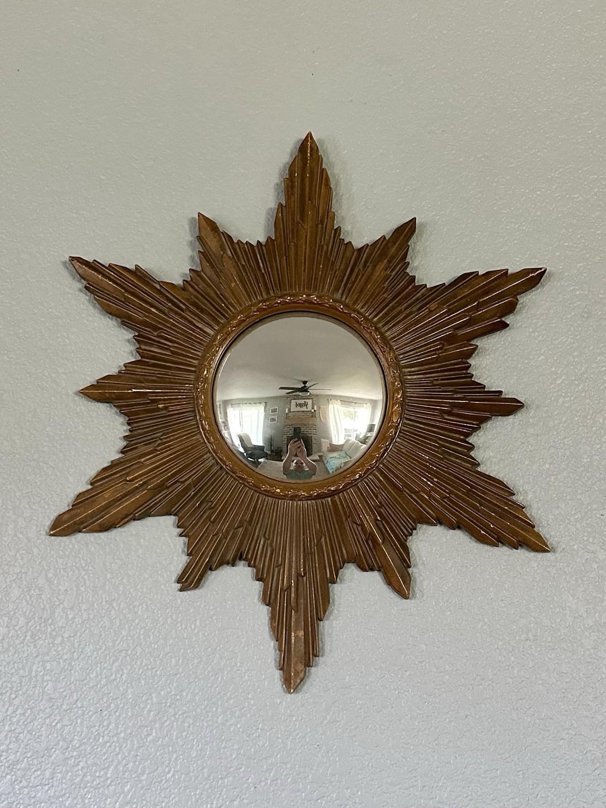 Vintage 1950s Mid Century Sunburst Mirror Gold Wall Hanging Decor