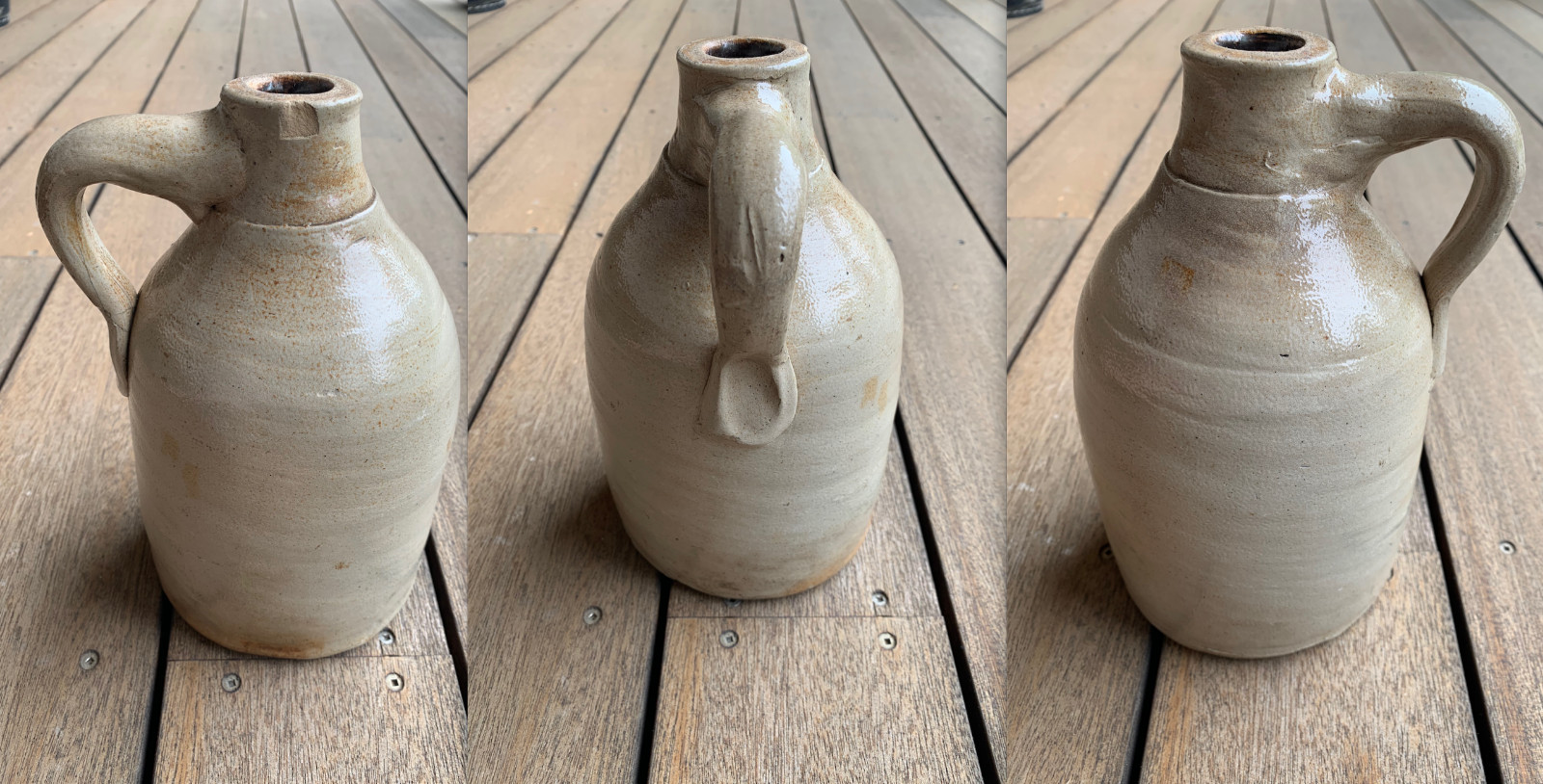 Antique Primitive Salt Glazed Stoneware Jug Farmhouse Taupe Beige Gray 9.25″