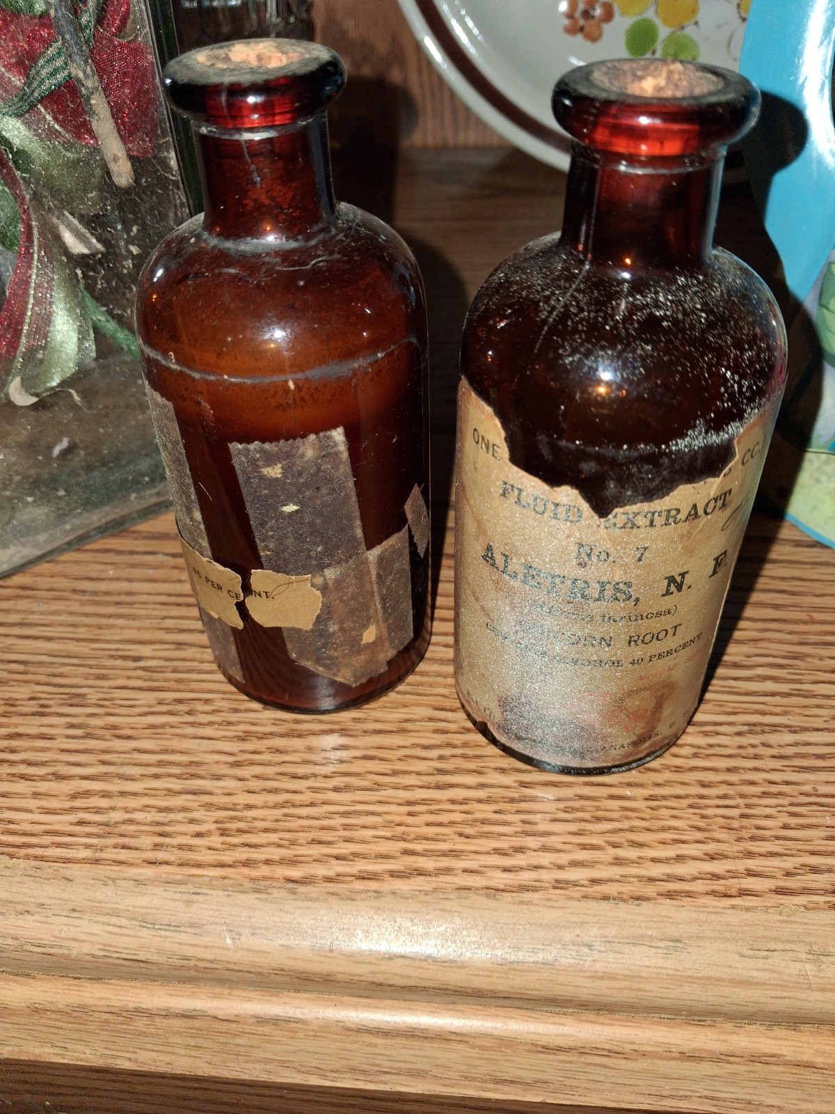 Antique Brown Glass Pharmaceutical Bottles Original Labels Aletris Root