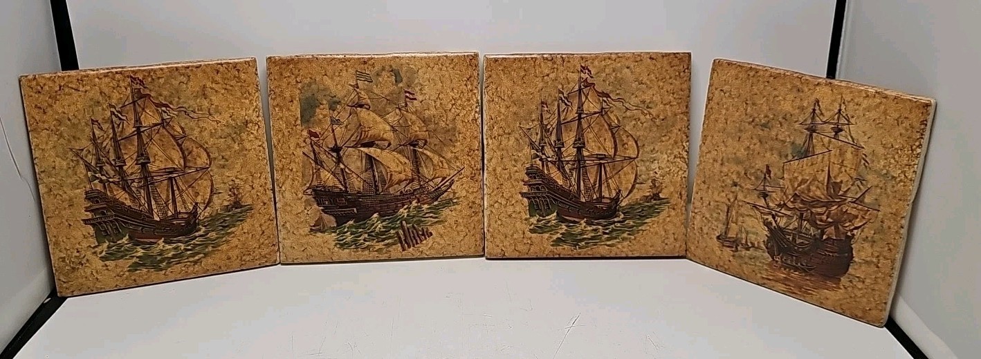 Antique Sailing Ship Tile Dutch english trivet Sailing Ship 4-1/4″ lot of 4