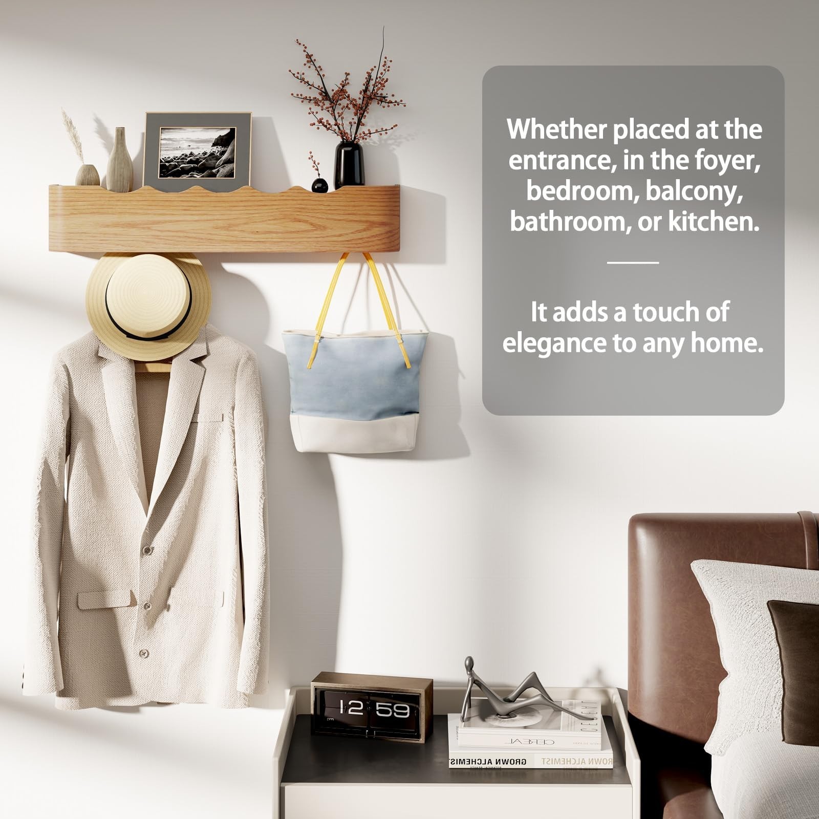 Coat Rack Wall Mount with Shelf 4 Hidden Hooks Modern Wooden Key Holder Entry…