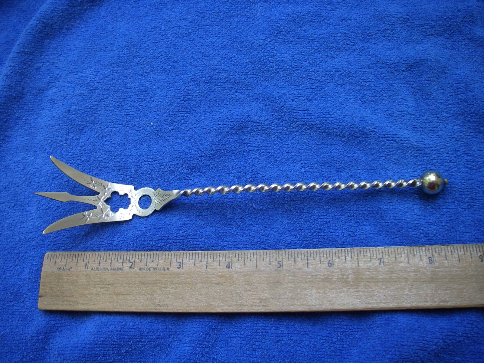 Fine FESSENDEN Victorian Sterling BALL TWIST Pattern LETTUCE FORK-Gilt Tines-NR