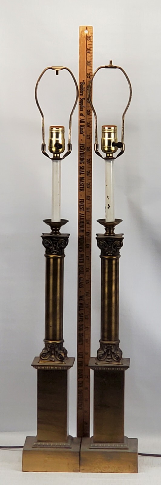 PR. Brass classical Table lamps Corinthian Column capital Tall plinth base 1970s