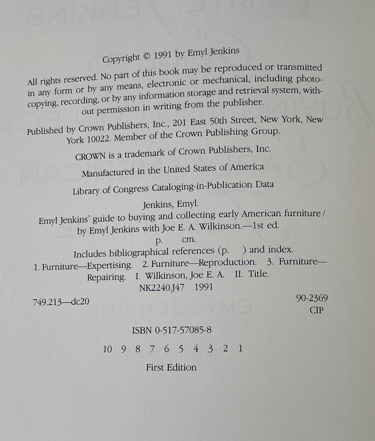Emyl Jenkins’ Guide to Early American Furniture 1st Ed. 1st Print HC/DJ Antique