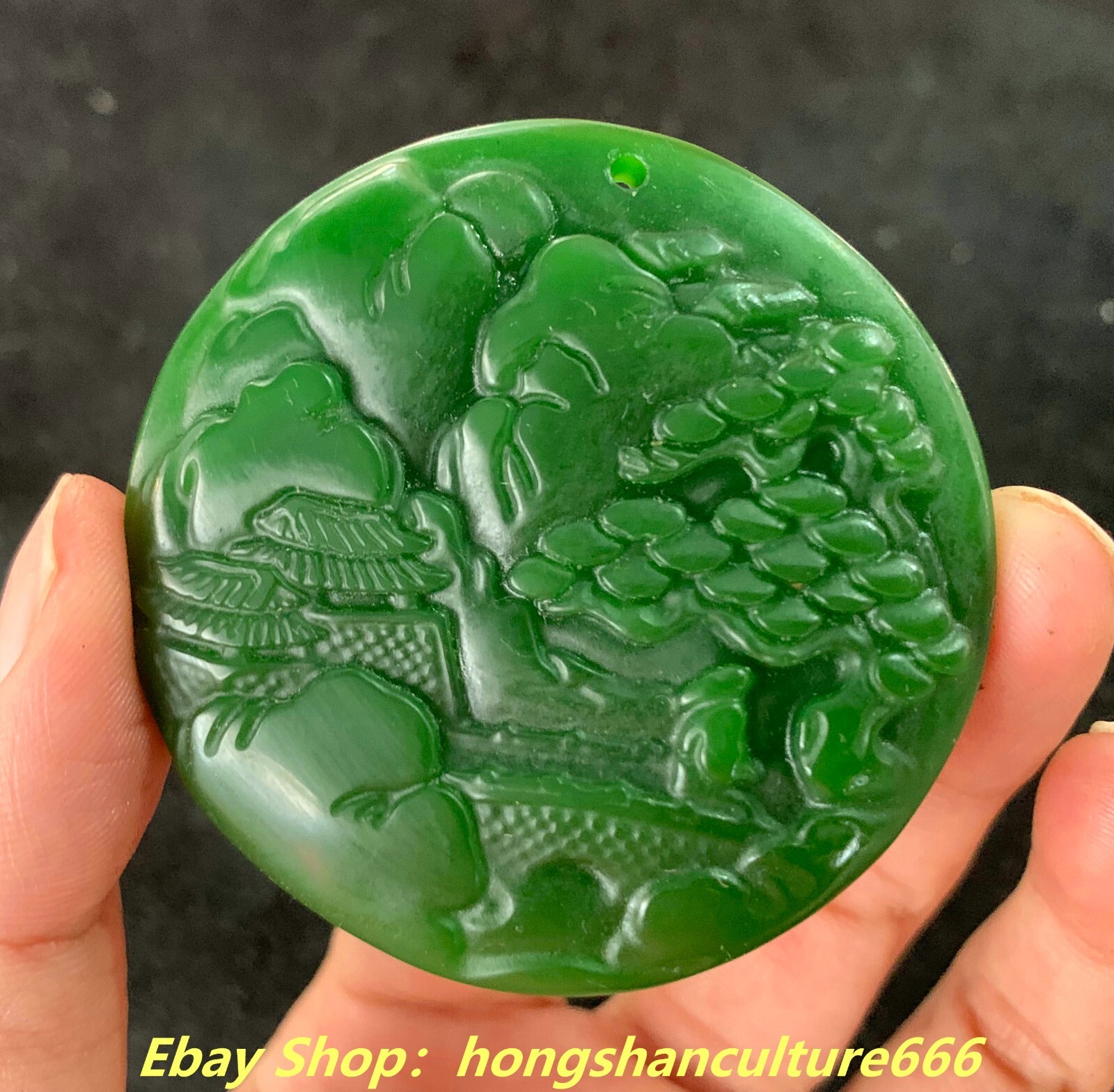 Chinese Natural Green Jade Carved pine mountain people statue pendant